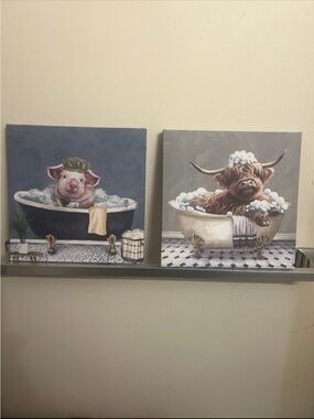Pig and Highland Cow Bathtub Canvas Pair - Navy, Gray, Cream